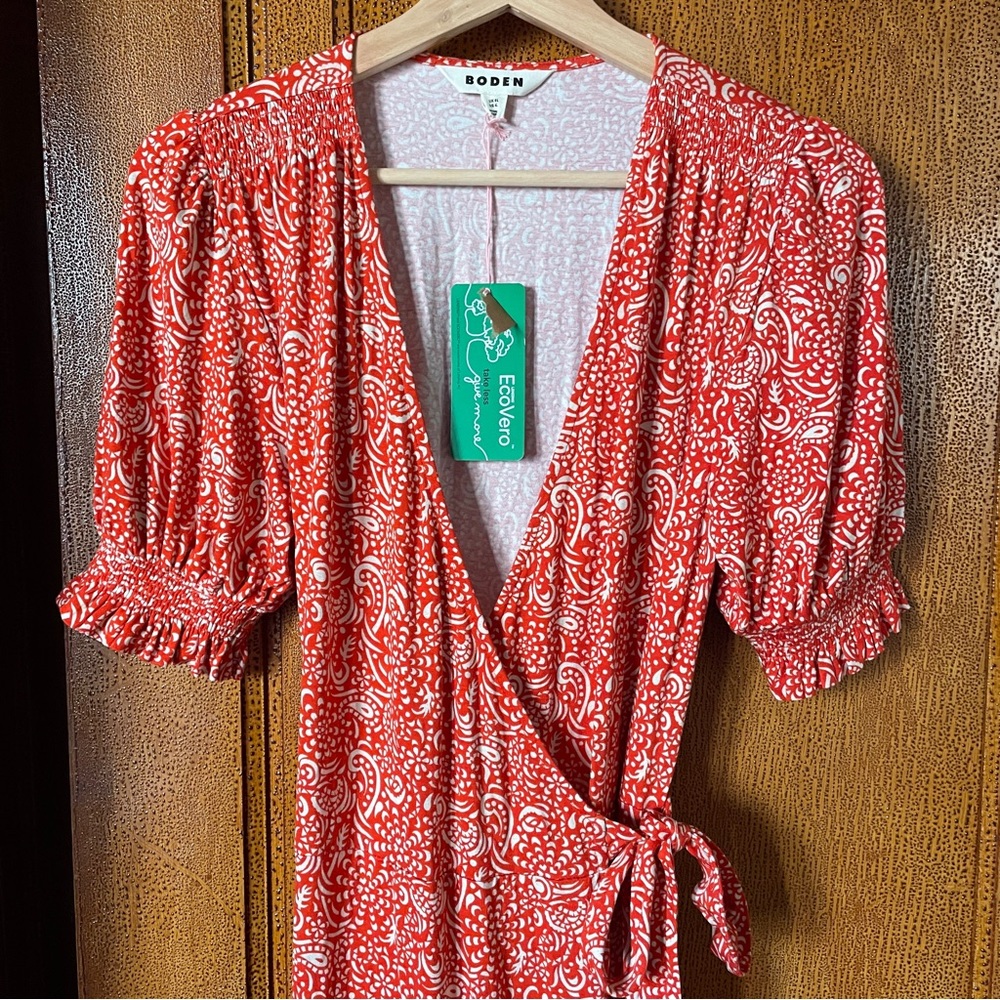 NWT Boden Ruffle Wrap Dress in ecovero paisley with puff sleeve - US 4 Long